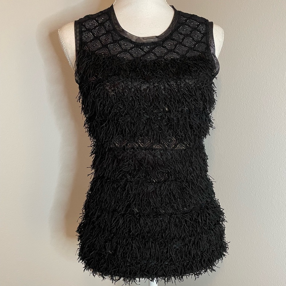 BCBGMaxAzria Auden Black Sleeveless Fringe Top XS
